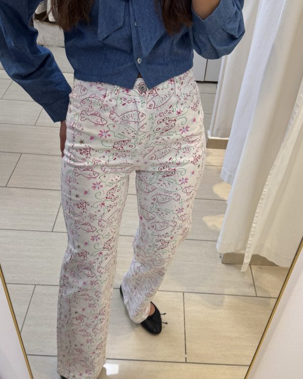 Jeans Rectos Estampado Peces Rosa y Verde