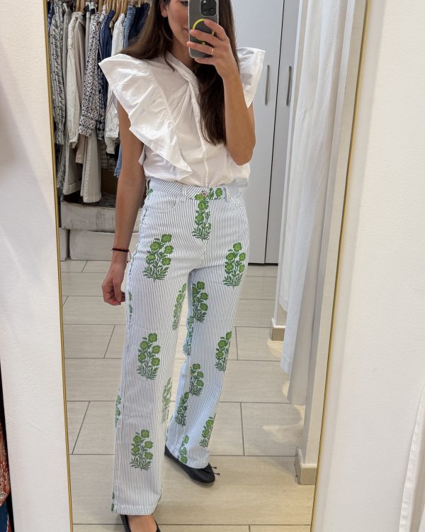 Jeans Rectos de Rayas Azules con Estampado Floral Verde