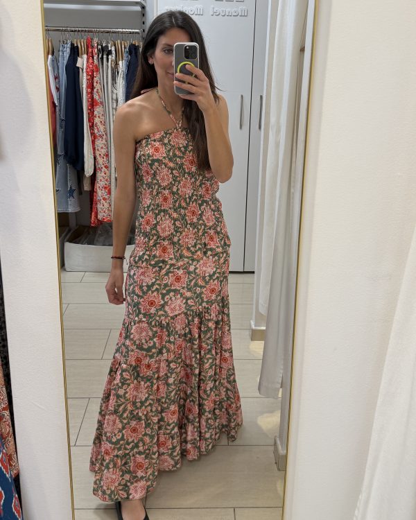 Vestido Maxi Estampado Verde con Escote Palabra de Honor