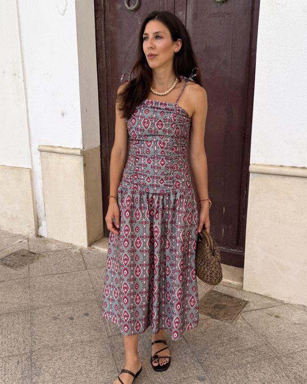 Vestido Fruncido Estampado Verde